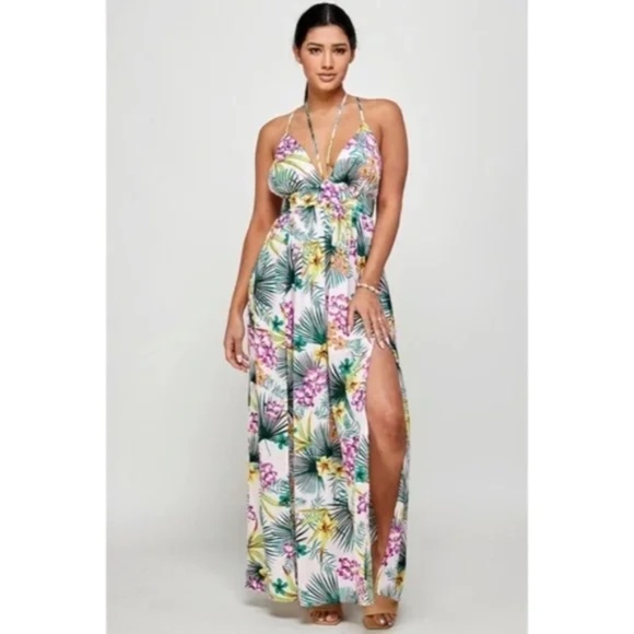 Purple Tropical Floral Palm Vacation Cruise Summer Sexy Slit Maxi Halter Dress - Picture 4 of 5